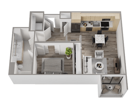 a 3d floor plan of a house with a bedroom and living room